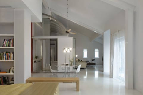 Dining area in center of modern interior