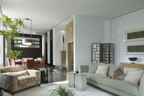 Sofa with several throw pillows