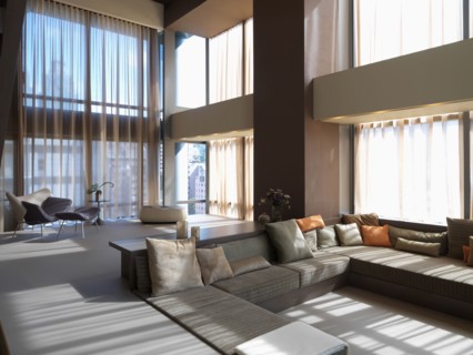 Modern living room with step down to sofa