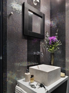 Mosaic tile wall in bathroom