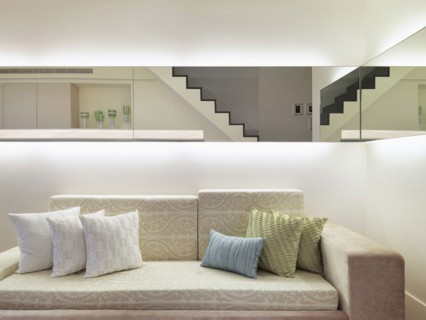 Throw pillows on patterned sofa