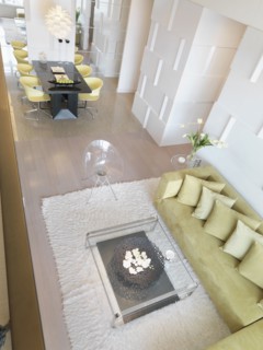 Overhead view modern living room with lime green furniture