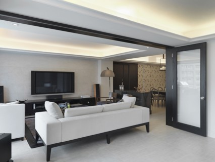 Modern living room with white sofas
