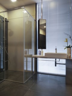 Sink and glass shower in modern bathroom