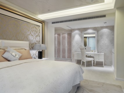 Elegant bedroom with printed wall paper