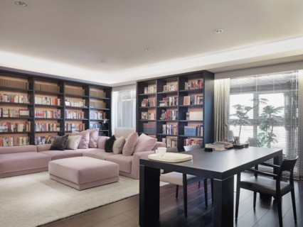 Light pink corner sofa  and table in modern living room