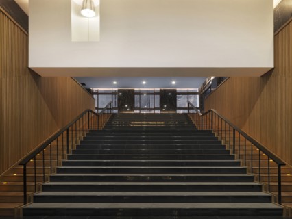 Large black tile and wood staircase