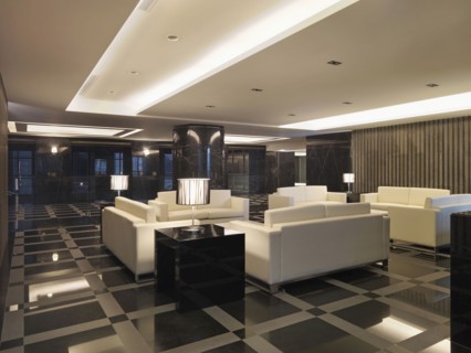 Sitting area in lobby of apartment building