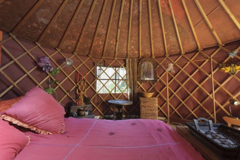 Cropped bed with criss cross designed wall and vaulted ceiling in bedroom at house