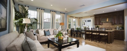 Panoramic of contemporary living room and kitchen