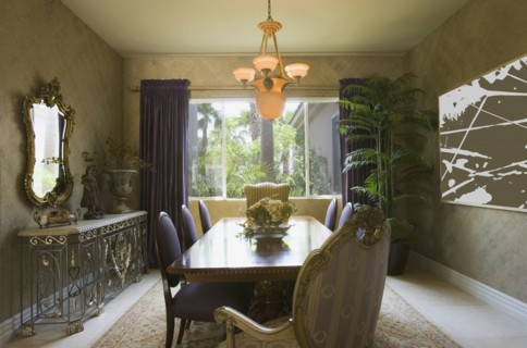 Elegant Dining Room with Purple Chairs