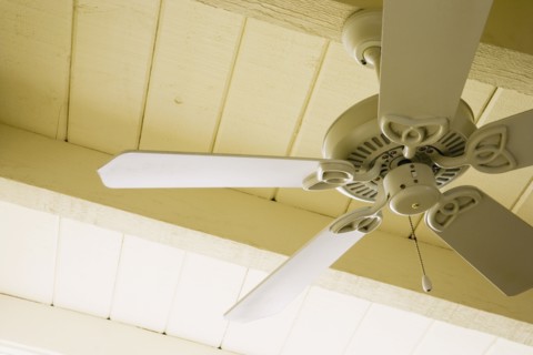 Detail of Ceiling Fan and Vaulted Wood Paneled Ceiling