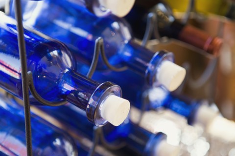 Blue Wine Bottles with White Corks