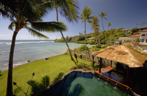View from Above of Pool and hot tub with Cabana