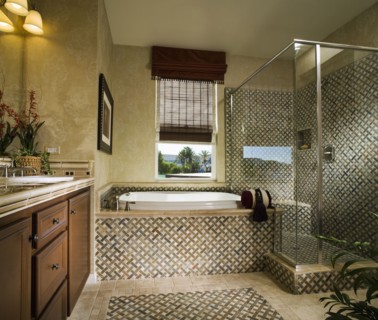 Large Master Bathroom with Ornate Tile work