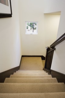 Traditional White Stairwell with Beige Carpeting