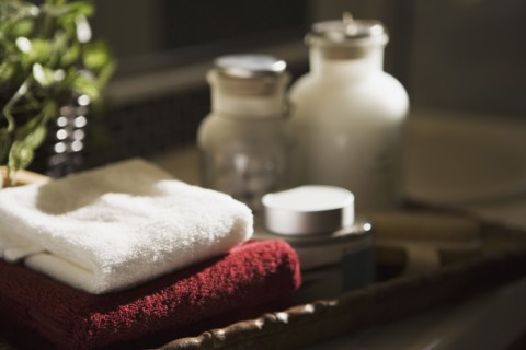 Display of Toiletries and Towels on Bathroom Tray