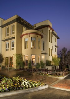 Exterior contemporary live work loft at dusk