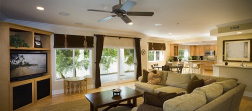 Traditional living room opening up to nook and kitchen