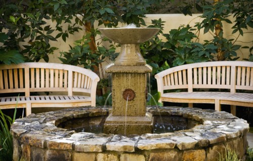 Benches and Fountain in Home Courtyard