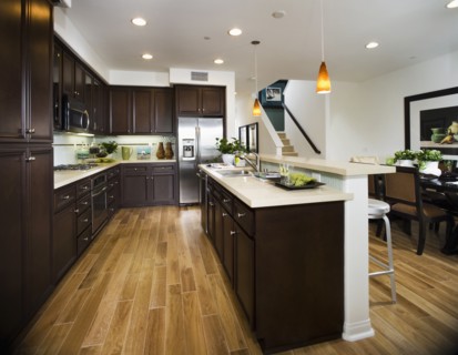 Interior of contemporary kitchen with bar
