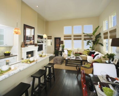 Wide angle shot showing a kitchen