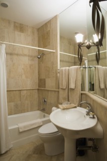 Detail of neutral colored bathroom.