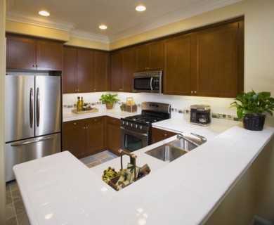 Traditional kitchen with wooden cabinets and crown molding