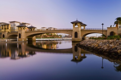 View of bridge with towers across channel