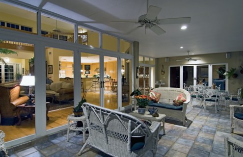 Wicker furniture on patio outside home