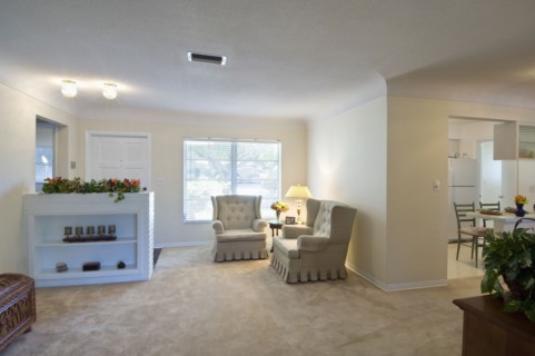 Armchairs in corner of traditional living room