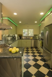 Diner style kitchen with green neon lights