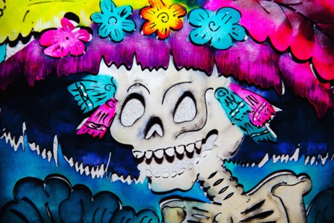 Close up of multicolor skeleton graffiti art