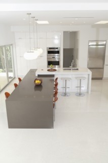 High angle view of counters in modern kitchen and dining area