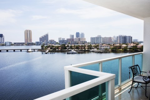 Modern balcony overlooking city skyline