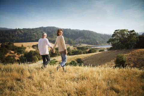 Couple holding hands walking in field