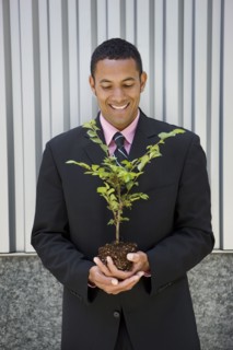 Smiling mixed race businessman holding seedling