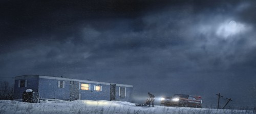 Man and car parked by illuminated trailer