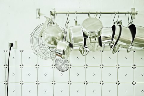 Pots and pans hanging in kitchen