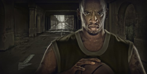Illustration of African American basketball player standing in tunnel