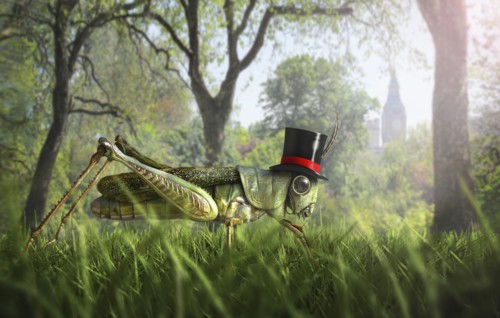 Illustration of cricket wearing monocle and top hat