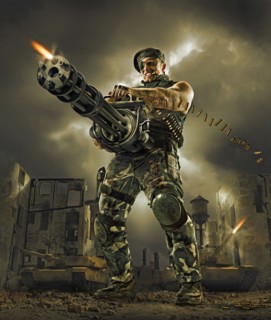 Illustration of soldier firing machine gun outdoors