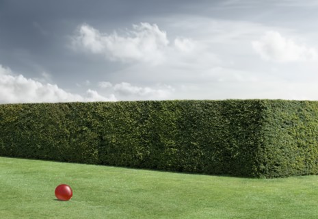Red balloon laying on lawn by neatly trimmed hedges