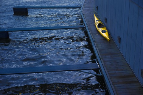 High angle view of kayak on wooden dock