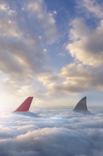 Shark fin chasing airplane rudder above clouds