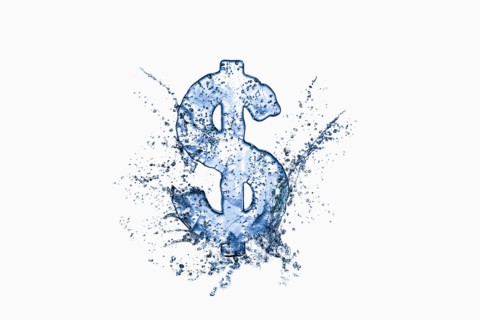 Water droplets splashing from melting ice dollar symbol