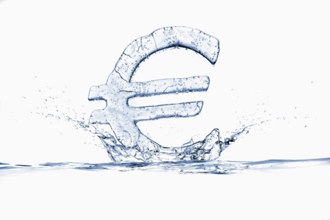 Water droplets splashing from ice euro symbol