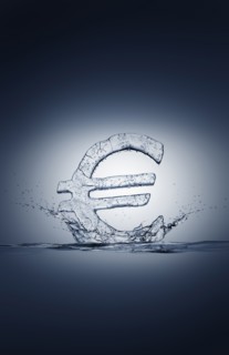Water droplets splashing from ice euro symbol