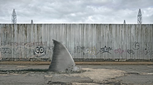 Shark fin swimming in dilapidated city street