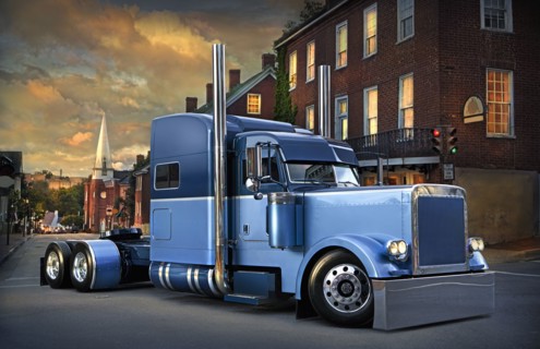 Semi-truck driving on city street